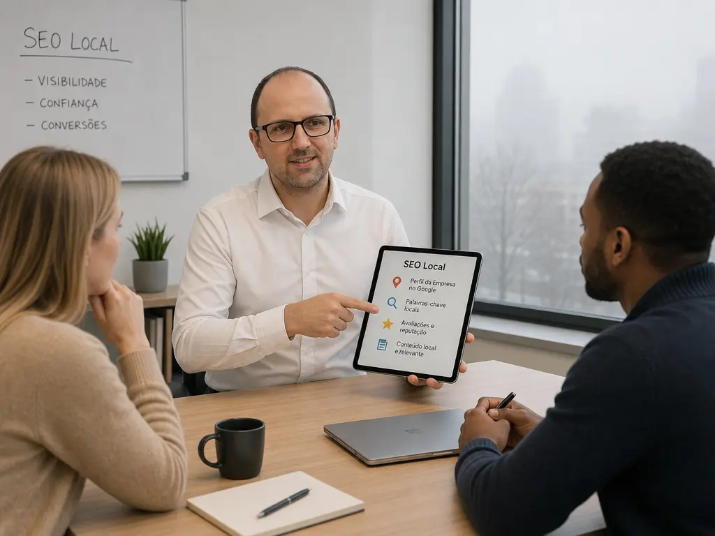 Consultor SEO local em reunião de estratégia com clientes