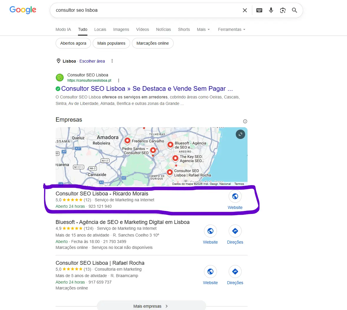 Resultado de consultor SEO Lisboa — Ricardo Morais no Google Maps